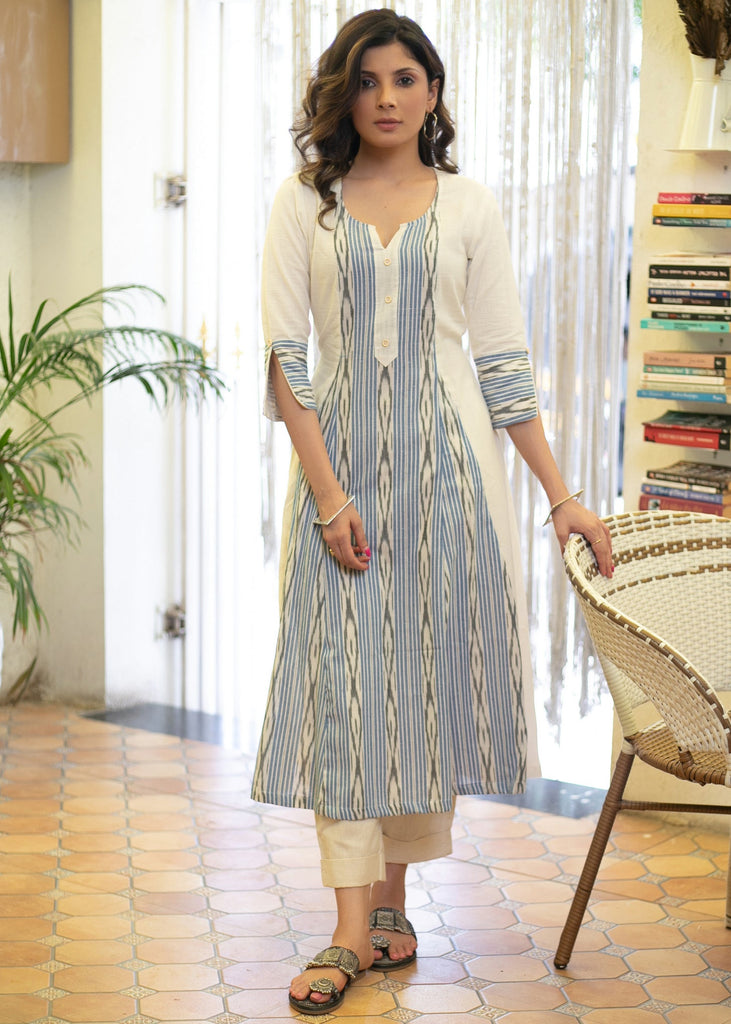 Smart White Cotton Kurta with Beautiful Striped Ikat Combination - Pant Optional