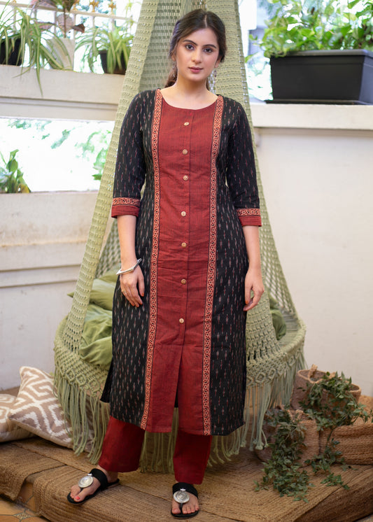 Exclusive Ikat & Ajrakh Combination Kurta with Front Cotton Panel - Pant Optional