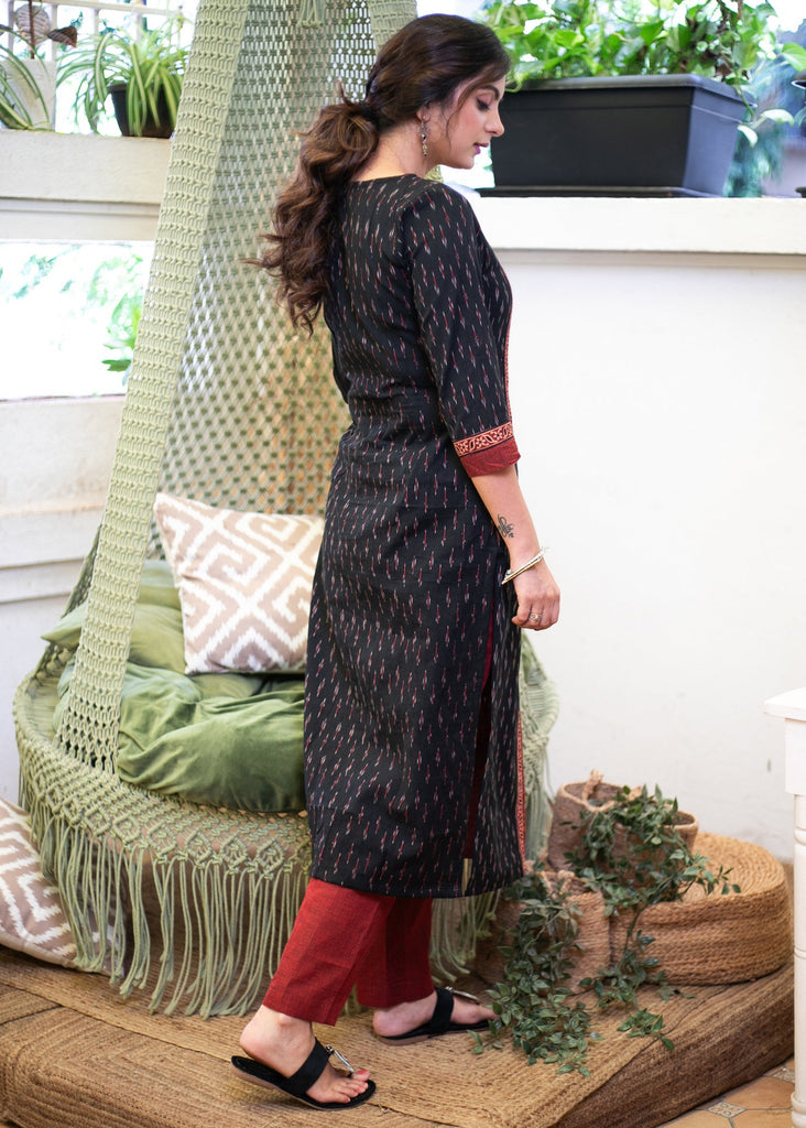 Exclusive Ikat & Ajrakh Combination Kurta with Front Cotton Pannel - Pant Optional