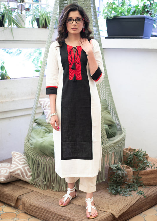 Trendy White Cotton Kurta with Black and Red Elongated Yoke - Pant Optional