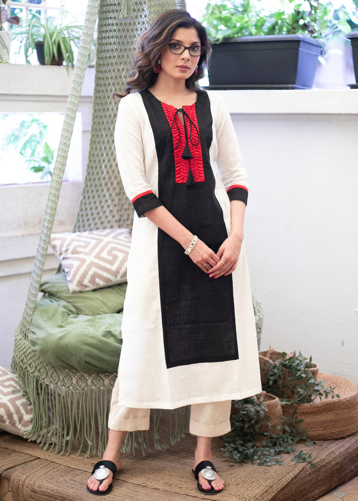 Trendy White Cotton Kurta with Black and Red Elongated Yoke - Pant Optional