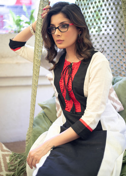 Trendy White Cotton Kurta with Black and Red Elongated Yoke - Pant Optional