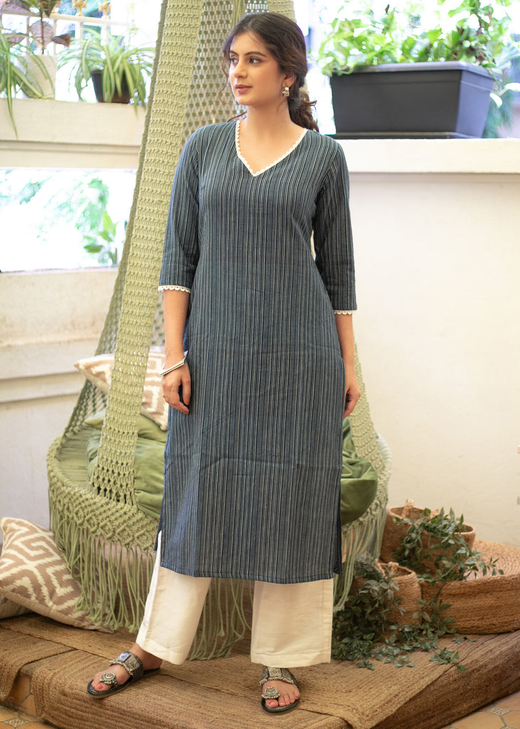 Smart Pure Cotton Navy Blue Striped Straight Cut Kurta Highlighted with Beautiful Lace - Pant Optional