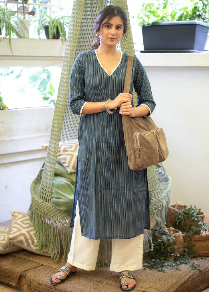Smart Pure Cotton Navy Blue Striped Straight Cut Kurta Highlighted with Beautiful Lace - Pant Optional