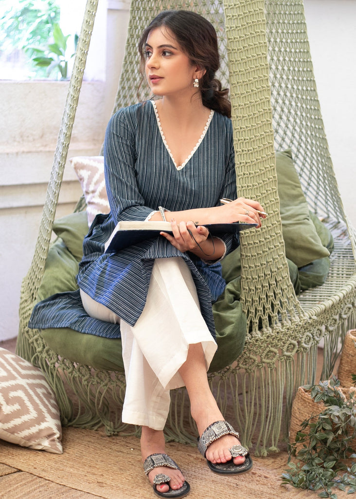 Smart Pure Cotton Navy Blue Striped Straight Cut Kurta Highlighted with Beautiful Lace - Pant Optional