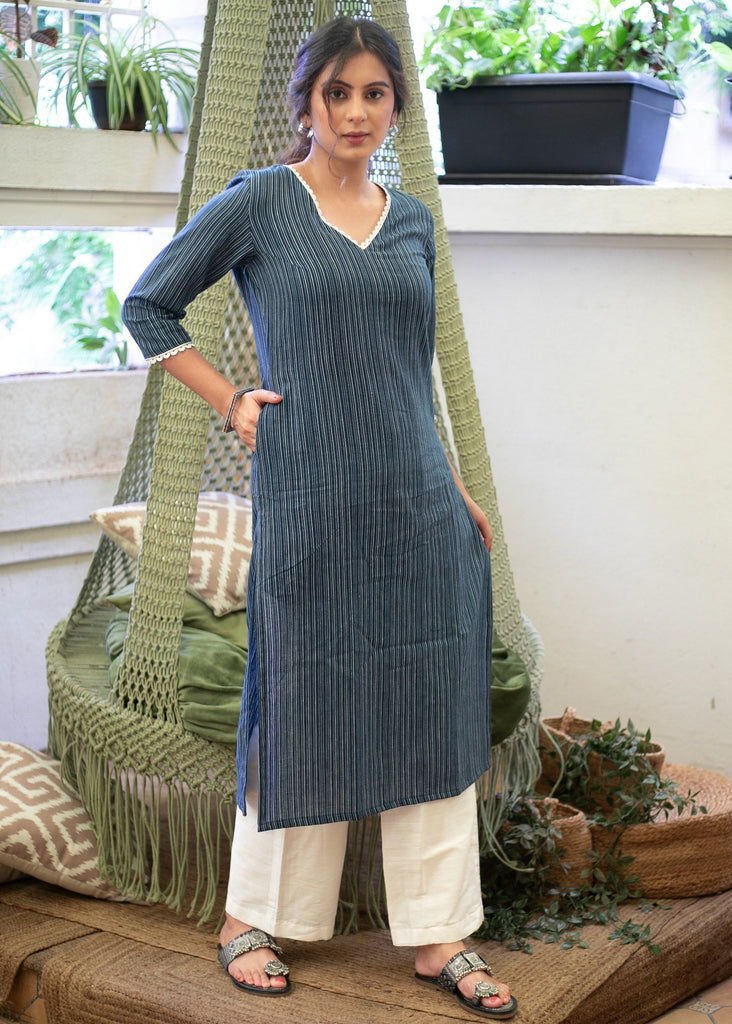 Smart Pure Cotton Navy Blue Striped Straight Cut Kurta Highlighted with Beautiful Lace - Pant Optional