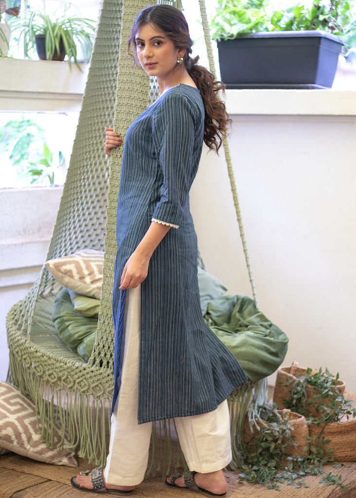 Smart Pure Cotton Navy Blue Striped Straight Cut Kurta Highlighted with Beautiful Lace - Pant Optional