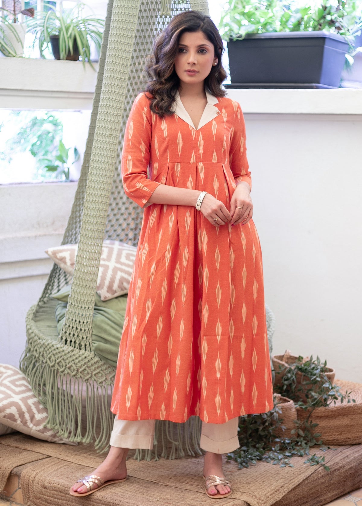 Exclusive Orange Ikat Kurta with Off - White Collar Detailing - Pant Optional