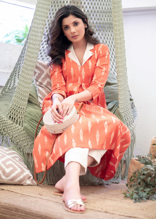 Exclusive Orange Ikat Kurta with Off - White Collar Detailing - Pant Optional