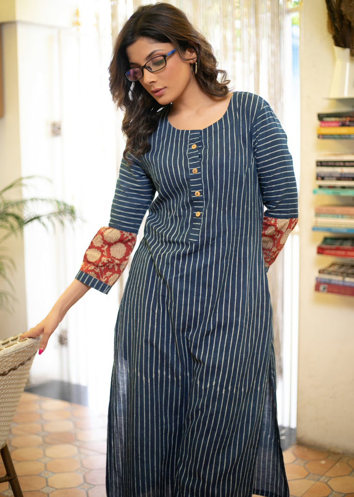 Classy Cotton Indigo Striped Straight Cut Kurta with Exclusive Combination Sleeves - Pant Optional