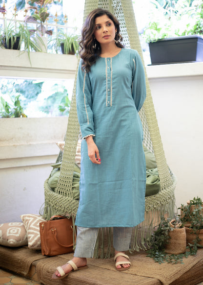 Dussehra Sale — Classy Cotton Powder Blue Straight Cut Kurta with Beautiful Lace Pattern - Pant Optional