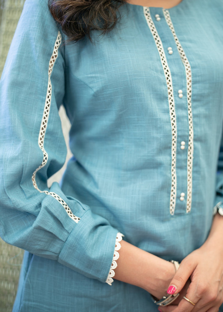 Classy Cotton Powder Blue Straight Cut Kurta with Beautiful Lace Pattern - Pant Optional