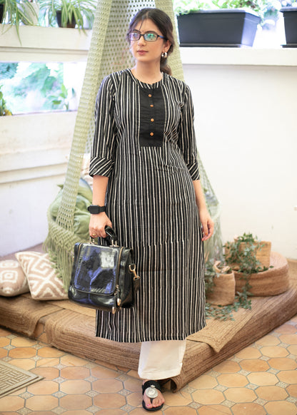 Trendy Cotton Black and White Striped Kurta - Pant Optional