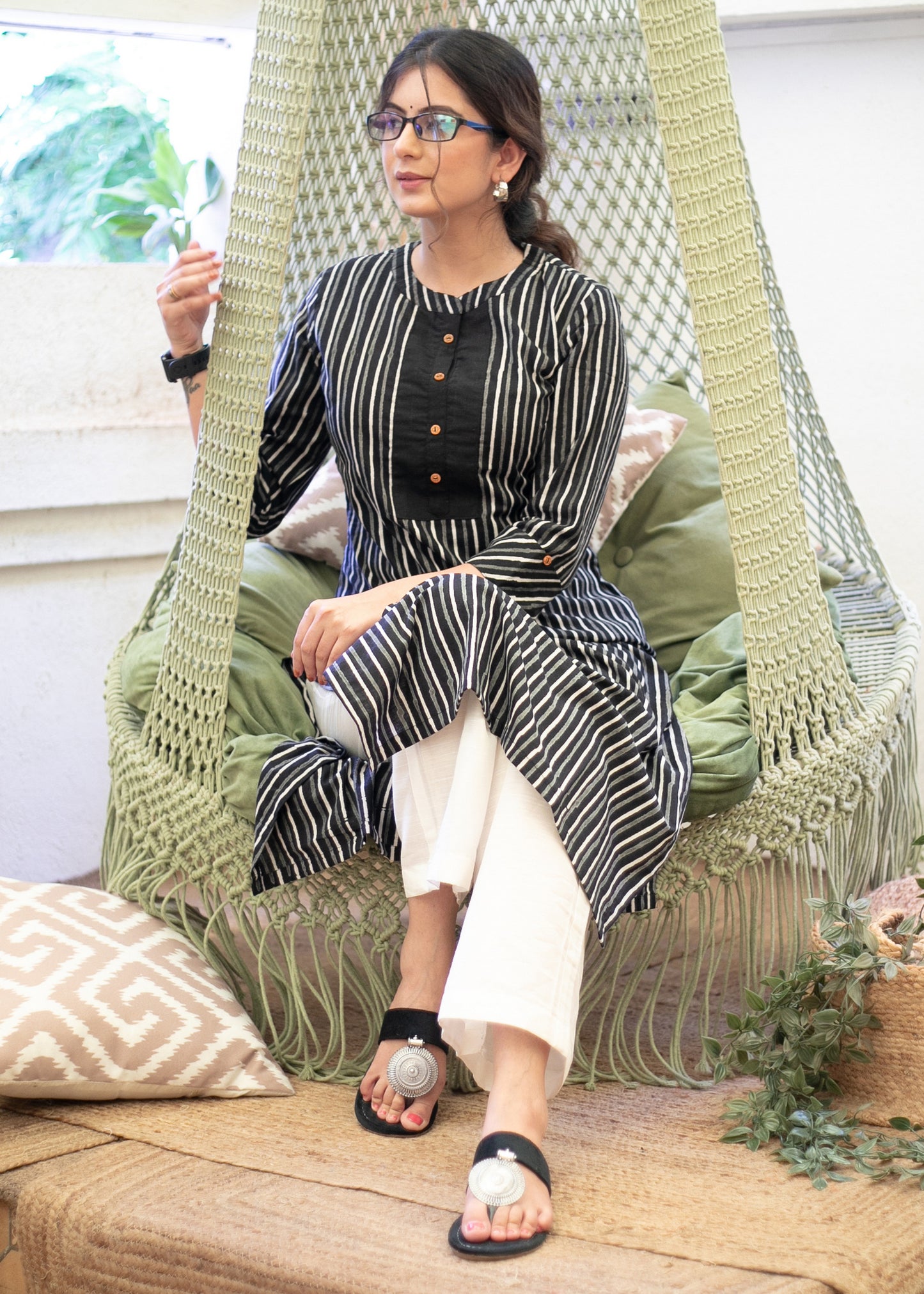 Trendy Cotton Black and White Striped Kurta - Pant Optional