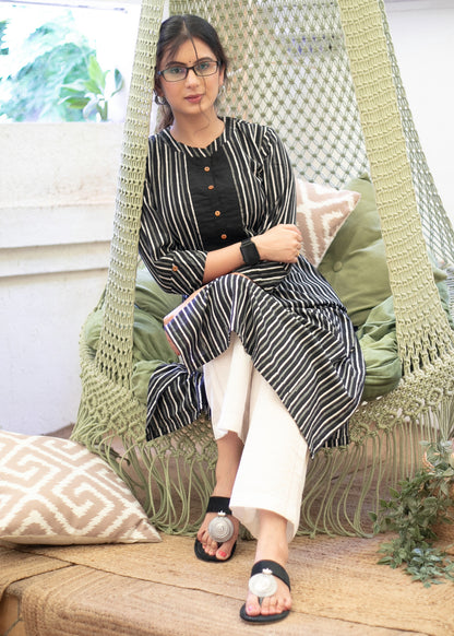 Trendy Cotton Black and White Striped Kurta - Pant Optional