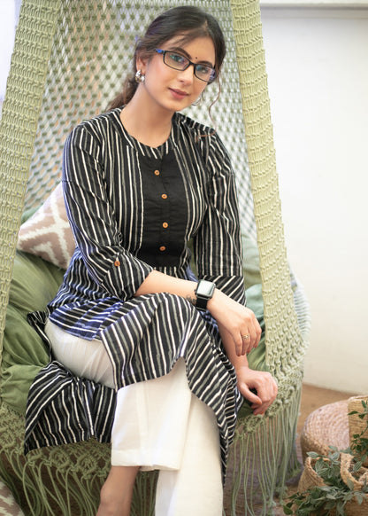 Trendy Cotton Black and White Striped Kurta - Pant Optional
