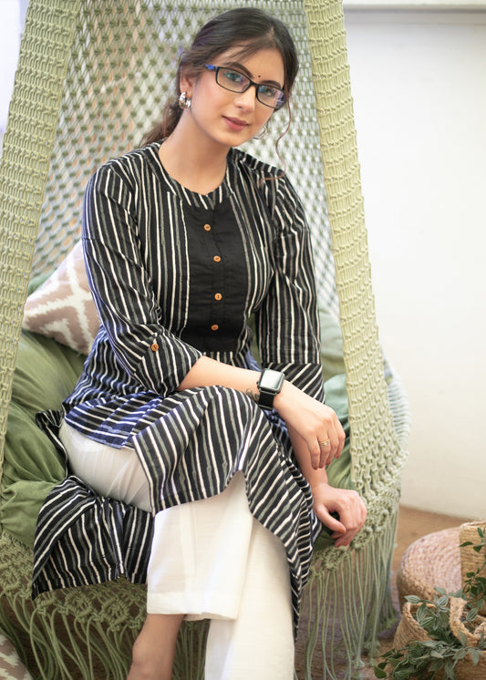Trendy Cotton Black and White Striped Kurta - Pant Optional