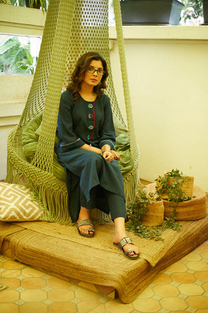 Elegant Cotton Green Embroidered Kurta - Pant Optional