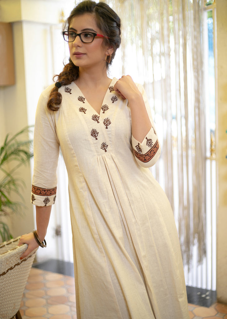 Classy Cotton Off-White Kurta with Embroidered Yoke and Sleeves - Pant Optional