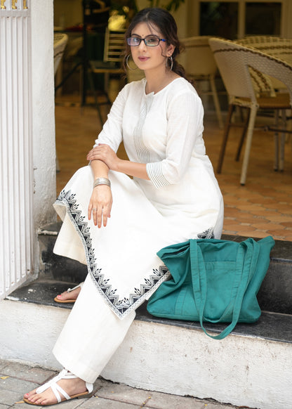 Exclusive White Cotton Embroidered Kurta - Pant Optional