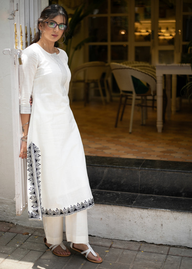 Exclusive White Cotton Embroidered Kurta - Pant Optional