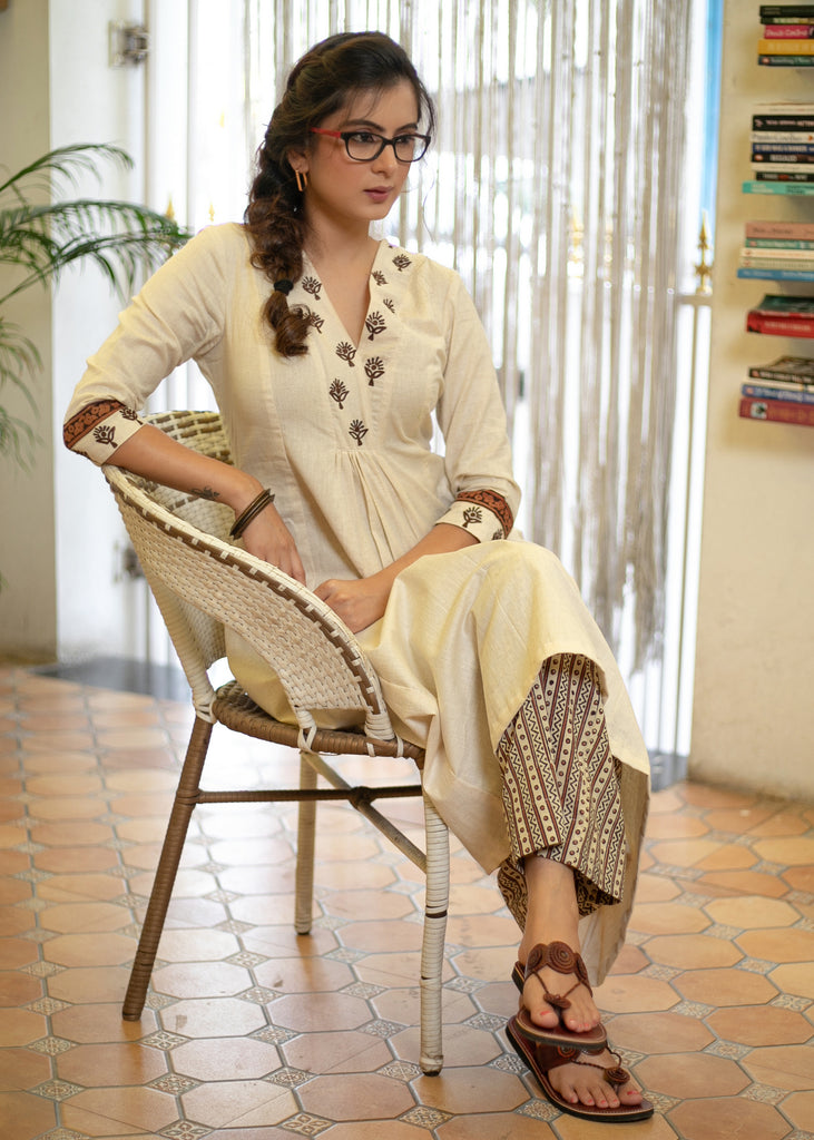 Classy Cotton Off-White Kurta with Embroidered Yoke and Sleeves - Pant Optional
