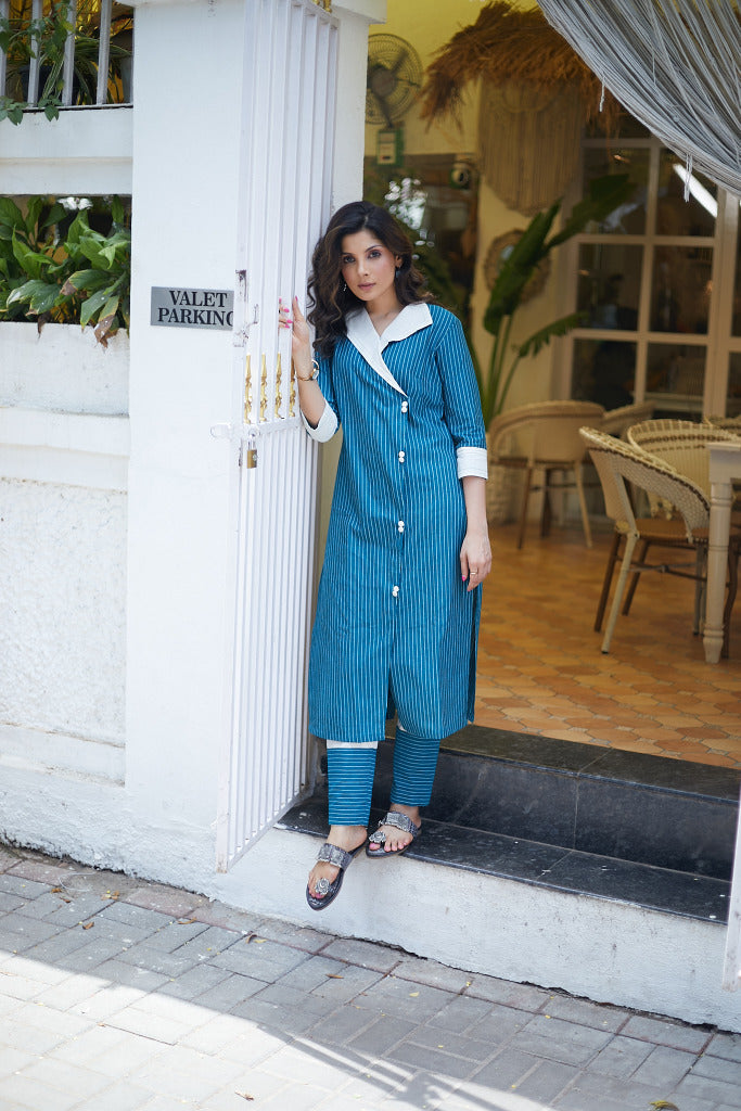 Classy Ikat Jacket Collared Cross Over Kurta - Pant Optional