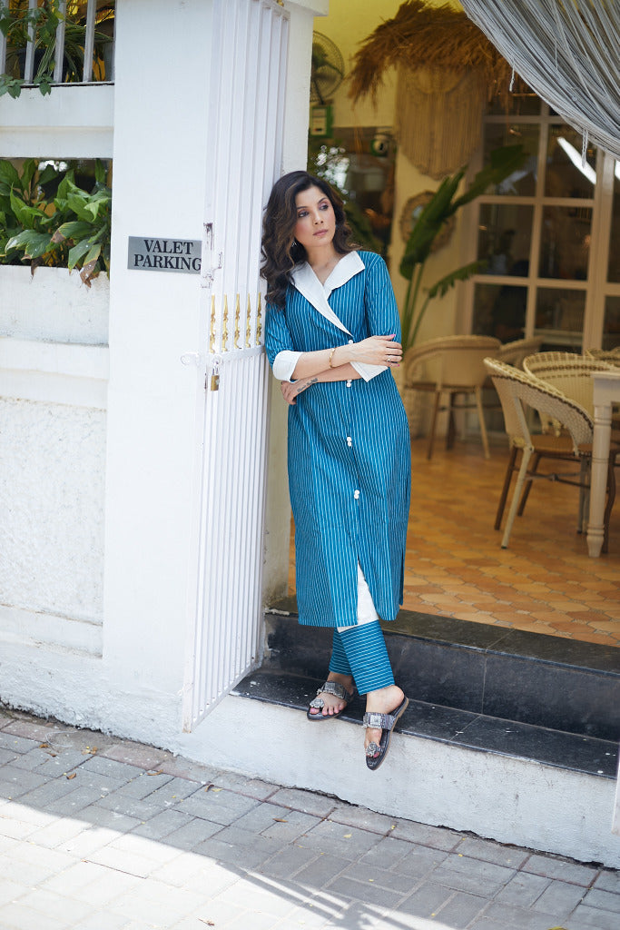 Classy Ikat Jacket Collared Cross Over Kurta - Pant Optional