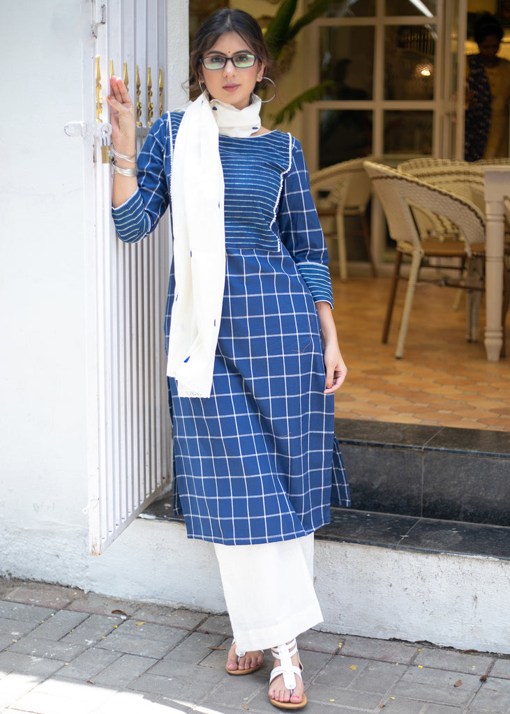 Trendy Cotton Navy Blue Checks Kurta with Striped Indigo Combination - Pant Optional