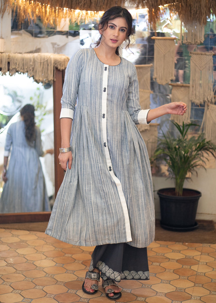 Elegant Pure Cotton Pleated A-Line Centre Slit Kurta with Hand Painted Pant- Hand Painted Stole Optional