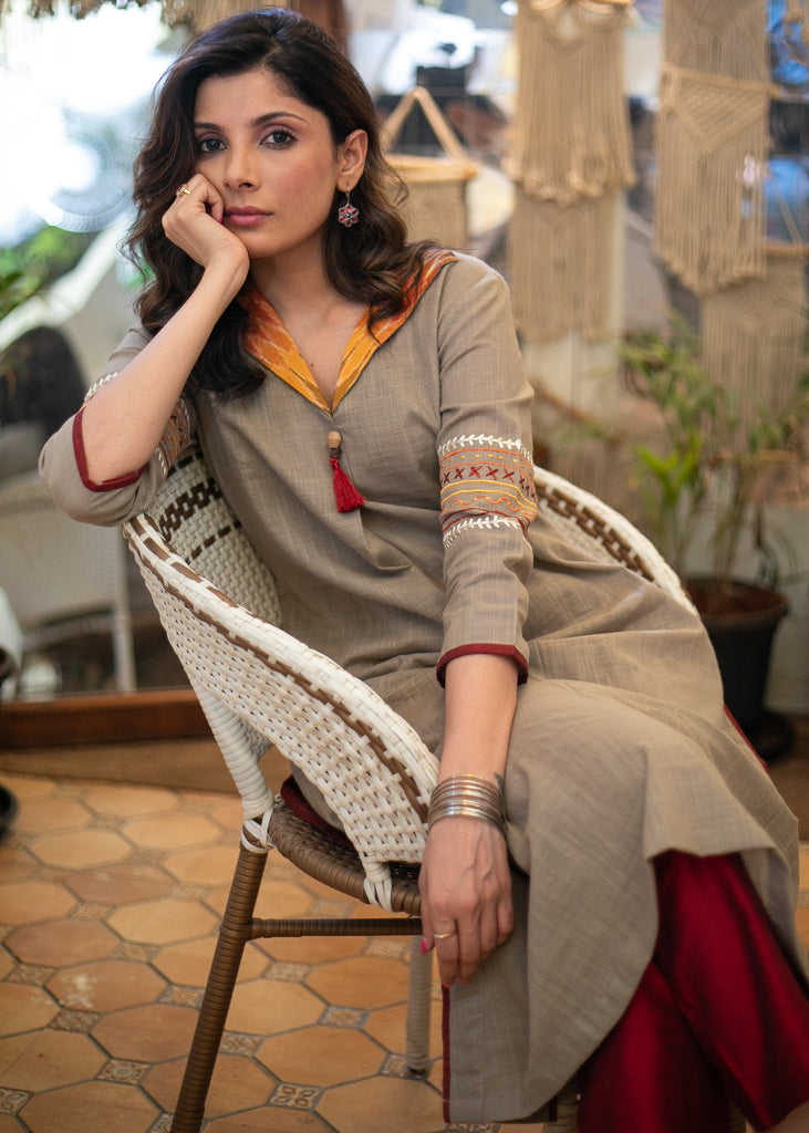 Cotton Turn Collared Kurta with Exclusive Embroidery on Sleeves- Pant Optional