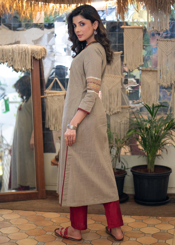 Cotton Turn Collared Kurta with Exclusive Embroidery on Sleeves- Pant Optional