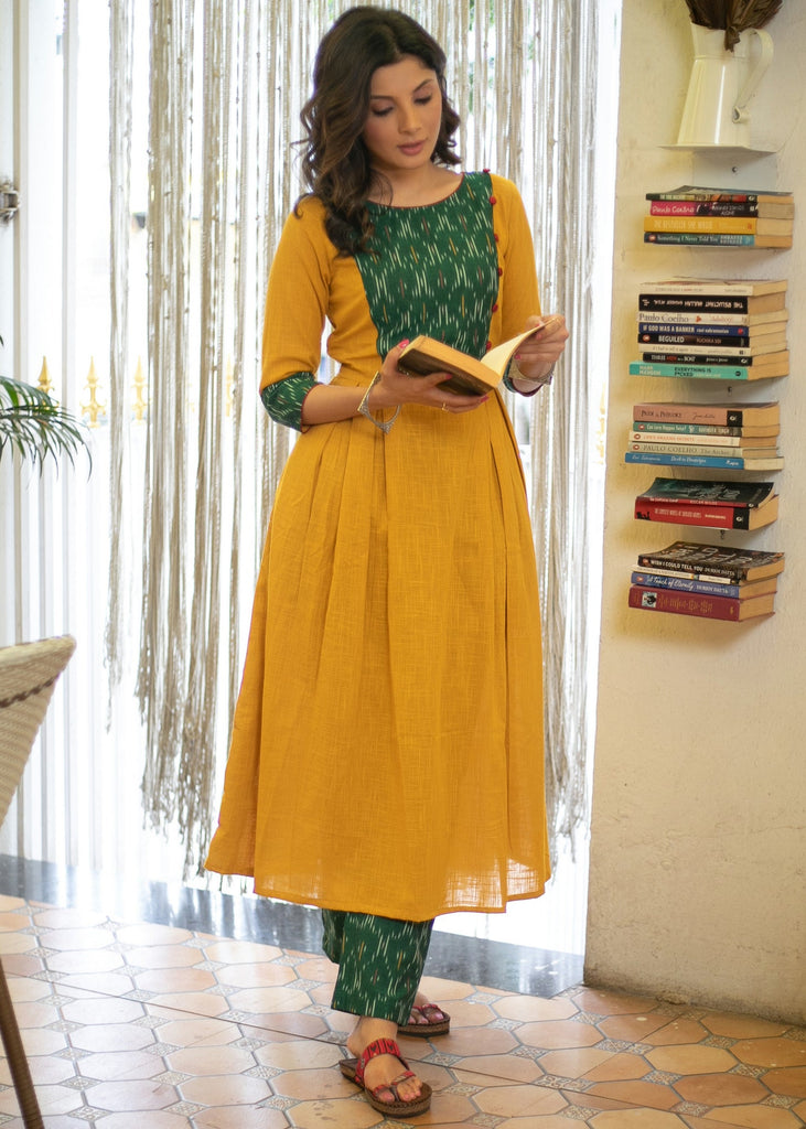 Elegant Cotton Mustard A Line Kurta with Contrast Ikat Combination on Yoke and Sleeves - Pant Optional