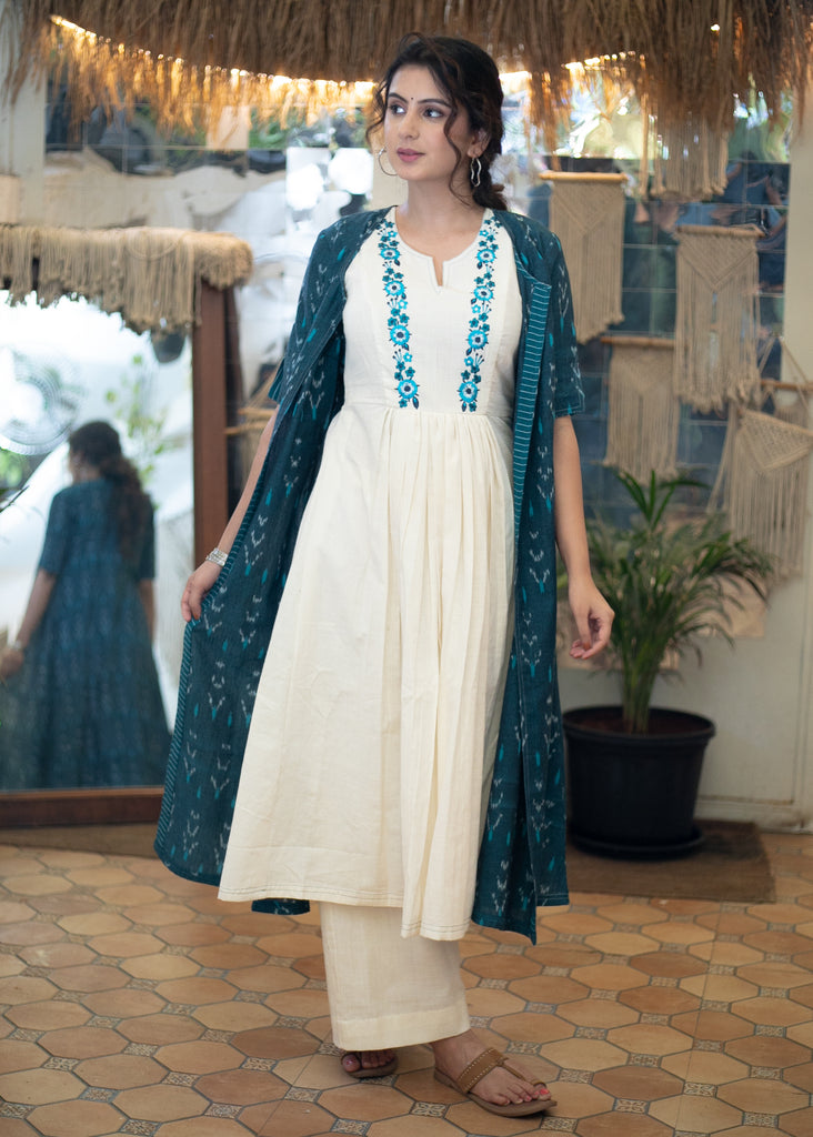Classy Embroidered Off - White Kurta with Long Ikat Jacket
