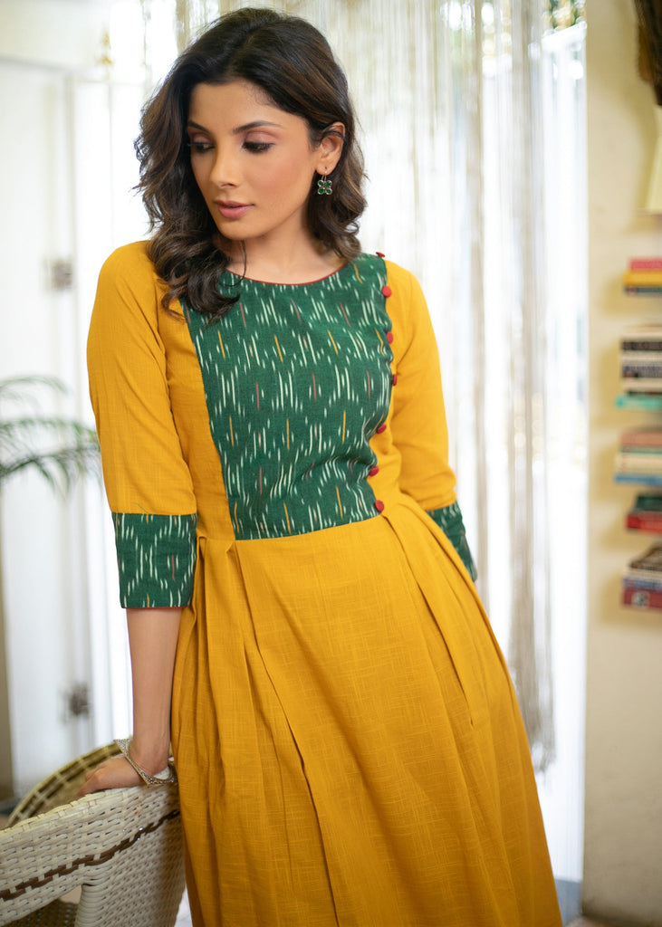 Elegant Cotton Mustard A Line Kurta with Contrast Ikat Combination on Yoke and Sleeves - Pant Optional