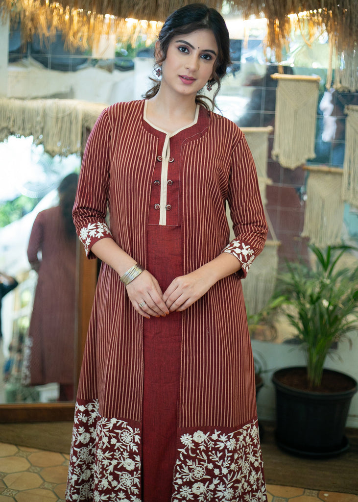 Classy Cotton Maroon Striped Ajrakh Long Shrug with Heavy Embroidery