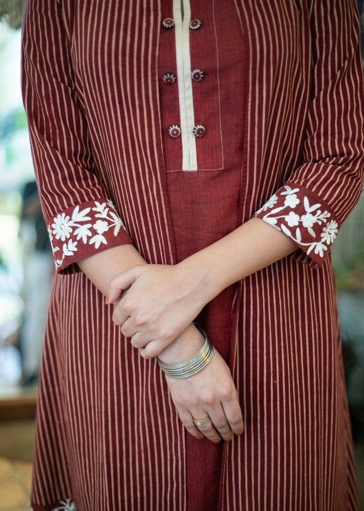 Classy Cotton Maroon Striped Ajrakh Long Shrug with Heavy Embroidery