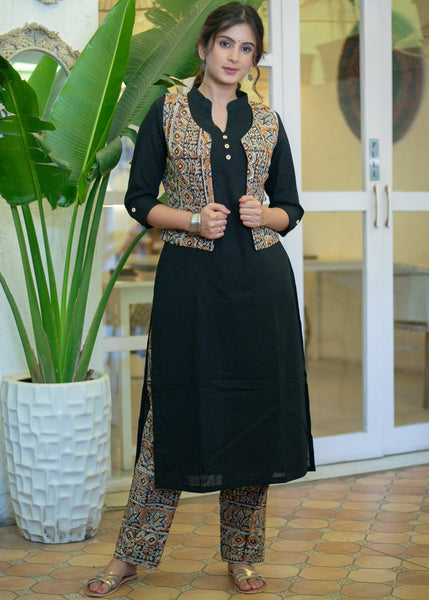 Elegant Cotton Black Straight Cut Kurta with Contrast Kalamkari Short Jacket - Pant Optional