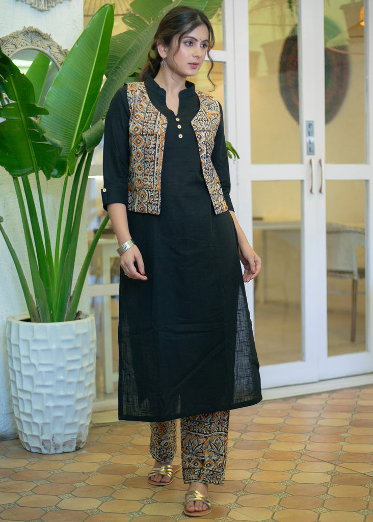 Elegant Cotton Black Straight Cut Kurta with Contrast Kalamkari Short Jacket - Pant Optional