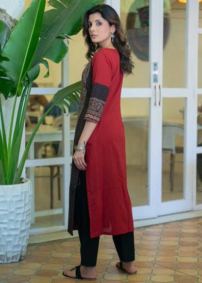 Elegant Maroon Cotton Ajrakh Combination Kurta - Pant Optional
