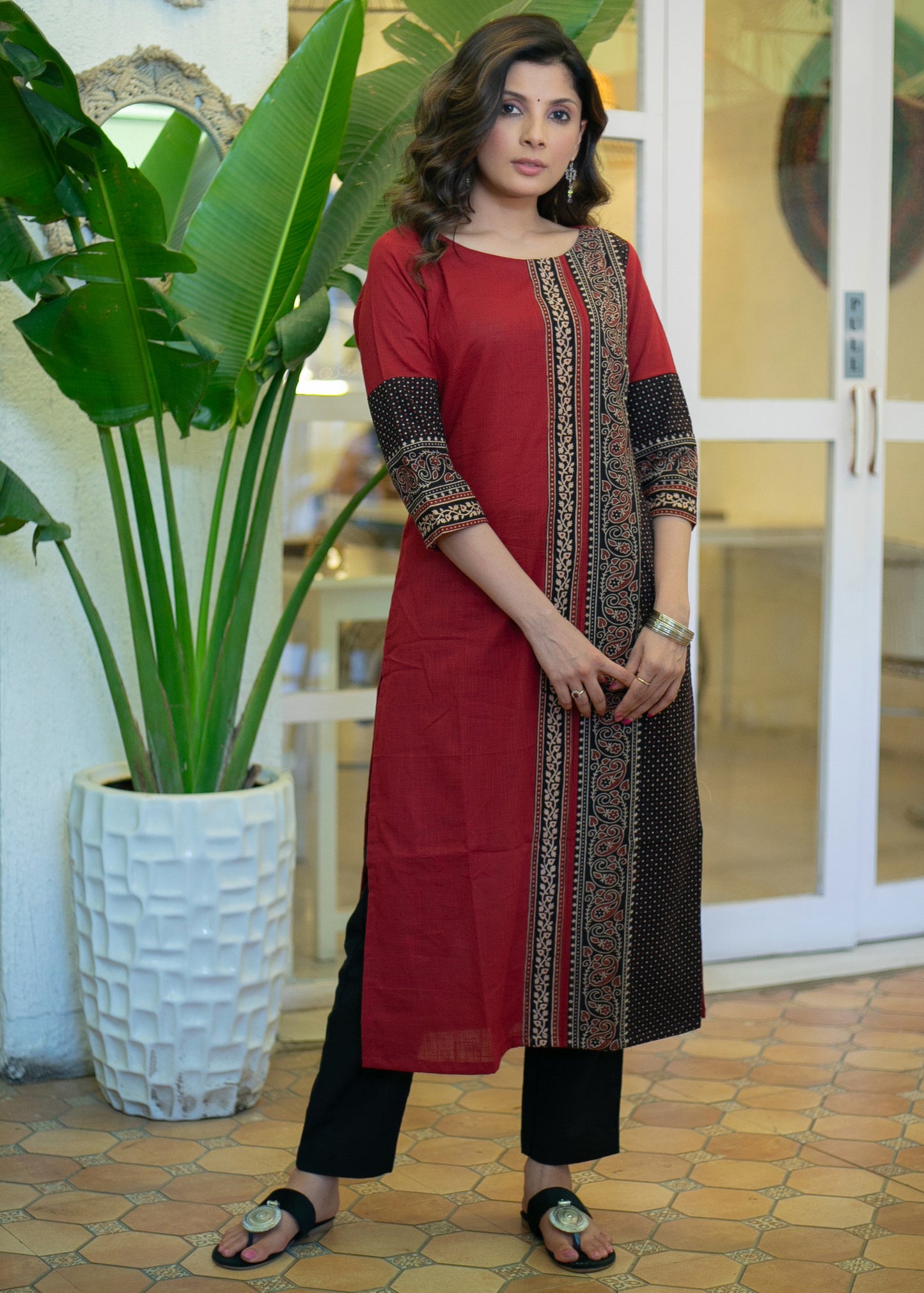 Elegant Maroon Cotton Ajrakh Combination Kurta - Pant Optional