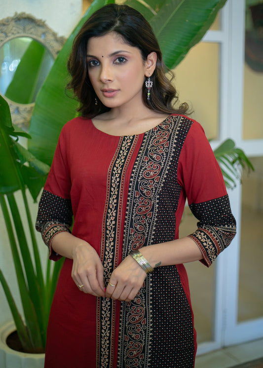 Elegant Maroon Cotton Ajrakh Combination Kurta - Pant Optional