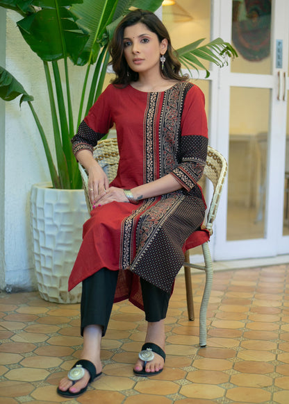 Elegant Maroon Cotton Ajrakh Combination Kurta - Pant Optional