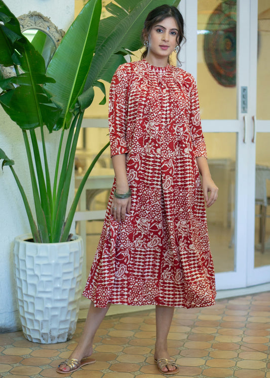 Classy Red Printed High Neck Kurta /One Piece Dress