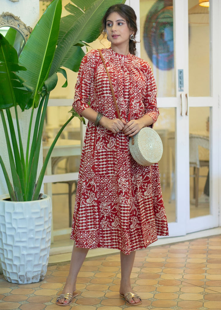 Classy Red Printed High Neck Kurta /One Piece Dress