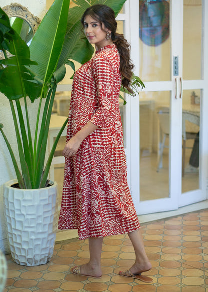 Classy Red Printed High Neck Kurta /One Piece Dress