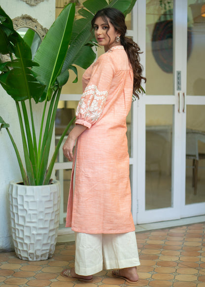 Exclusive Pure Cotton Peach Embroidered Kurta - Pant Optional