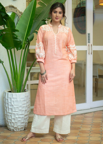 Exclusive Pure Cotton Peach Embroidered Kurta - Pant Optional