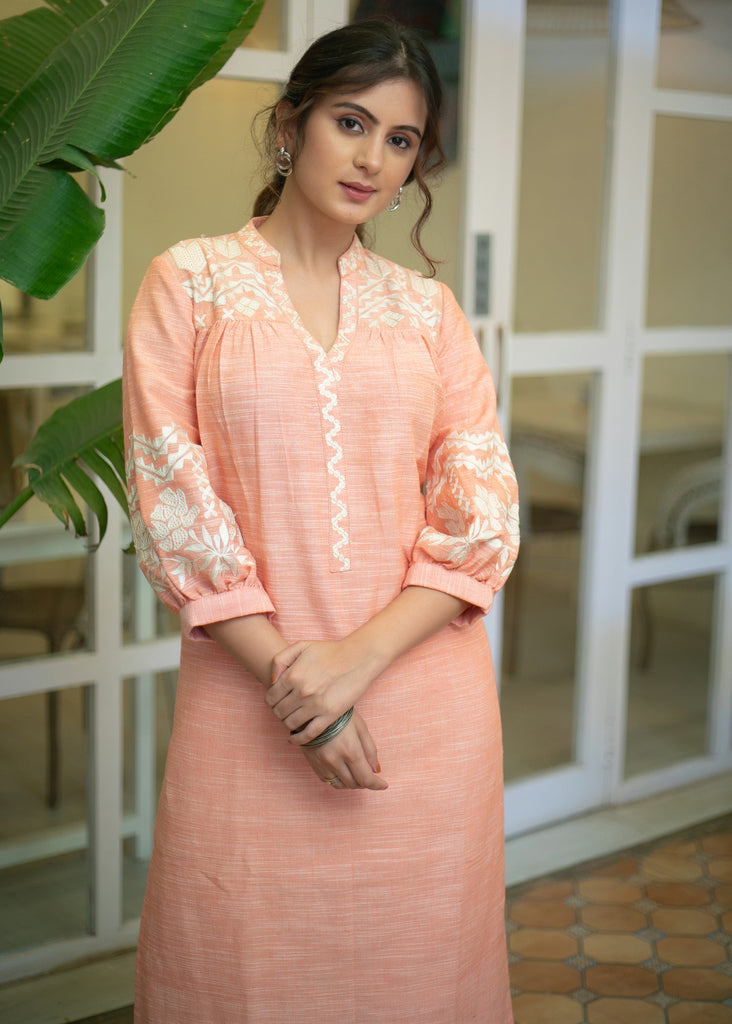 Exclusive Pure Cotton Peach Embroidered Kurta - Pant Optional