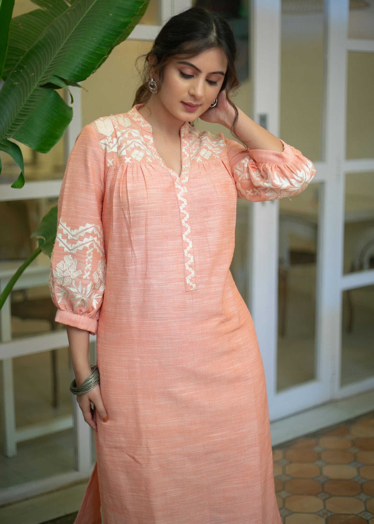 Exclusive Pure Cotton Peach Embroidered Kurta - Pant Optional
